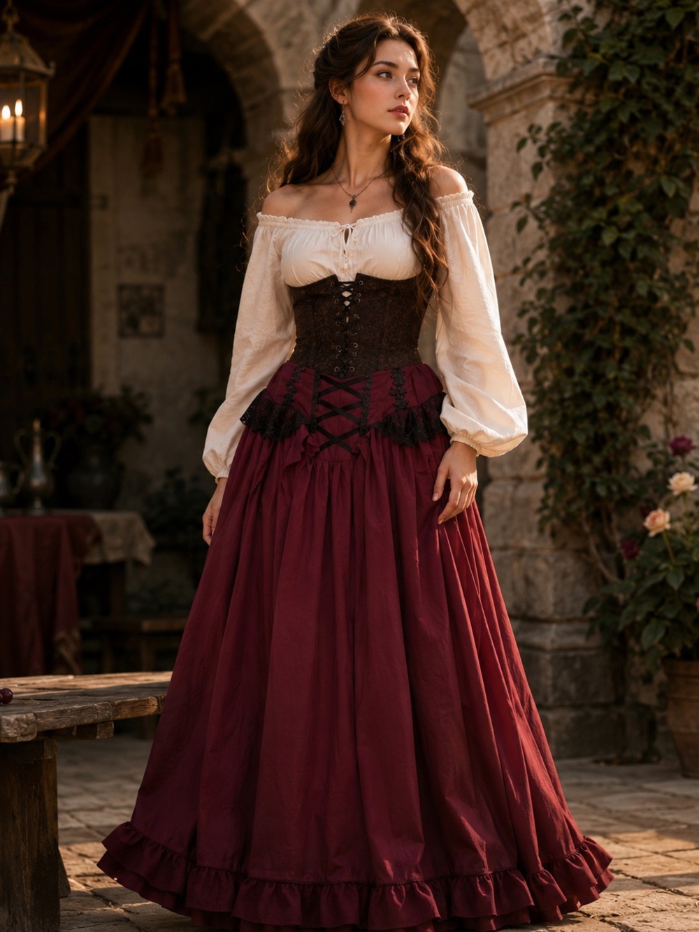Medieval Renaissance Burgundy Lace Skirt Size M